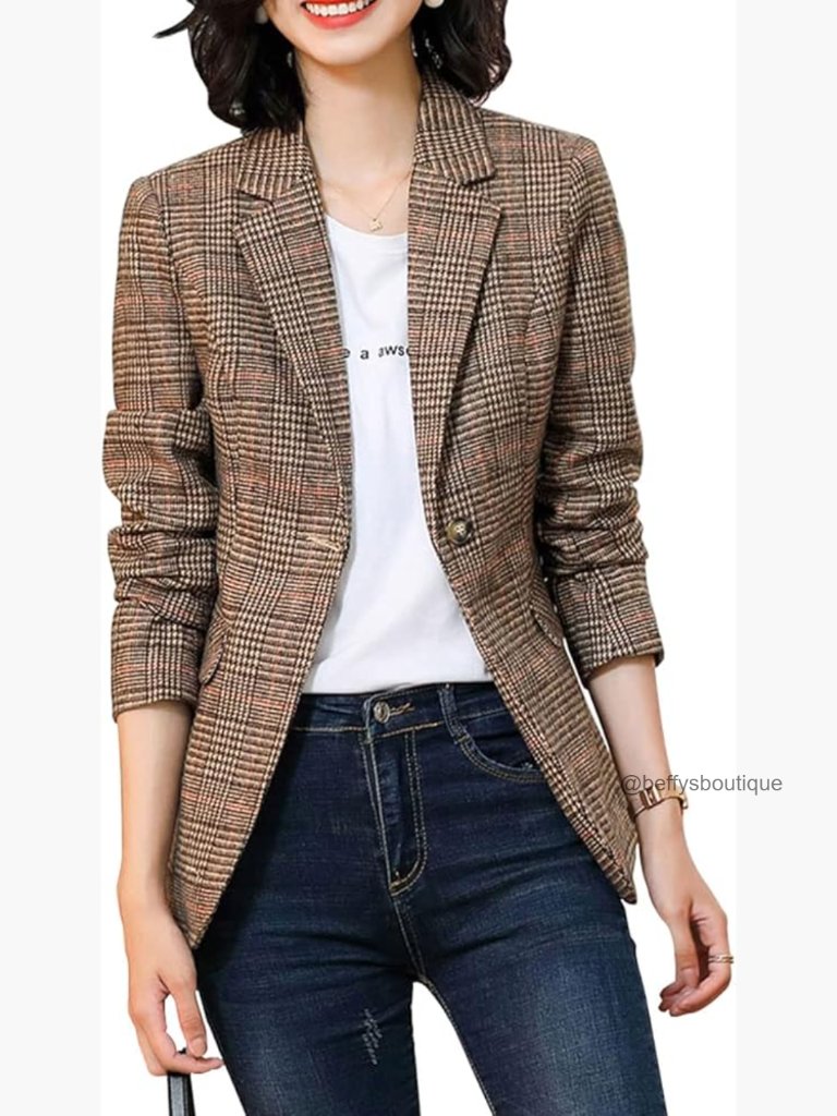 Notch Lapel 2 Button Boyfriend Blazer Suit Houndstooth Plaid Jacket Coat